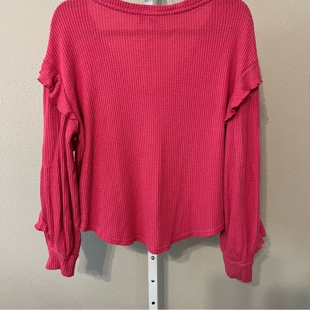Pilcro Anthropologie Size Medium Hot Pink Waffle Weave Thermal Ruffle Sleeve Top - Picture 4 of 5